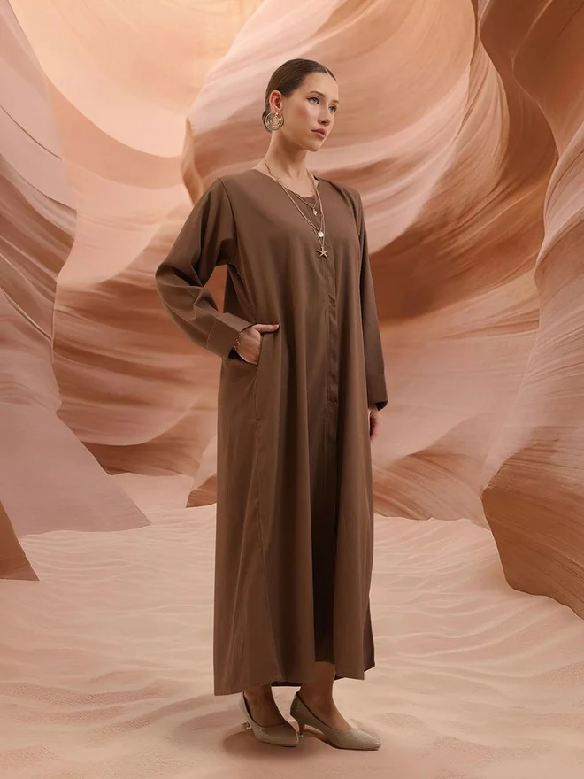Ishin  ISHIN Brown Crinkle Cotton Regular Abaya with Hijab for Women | Best Price UAE
